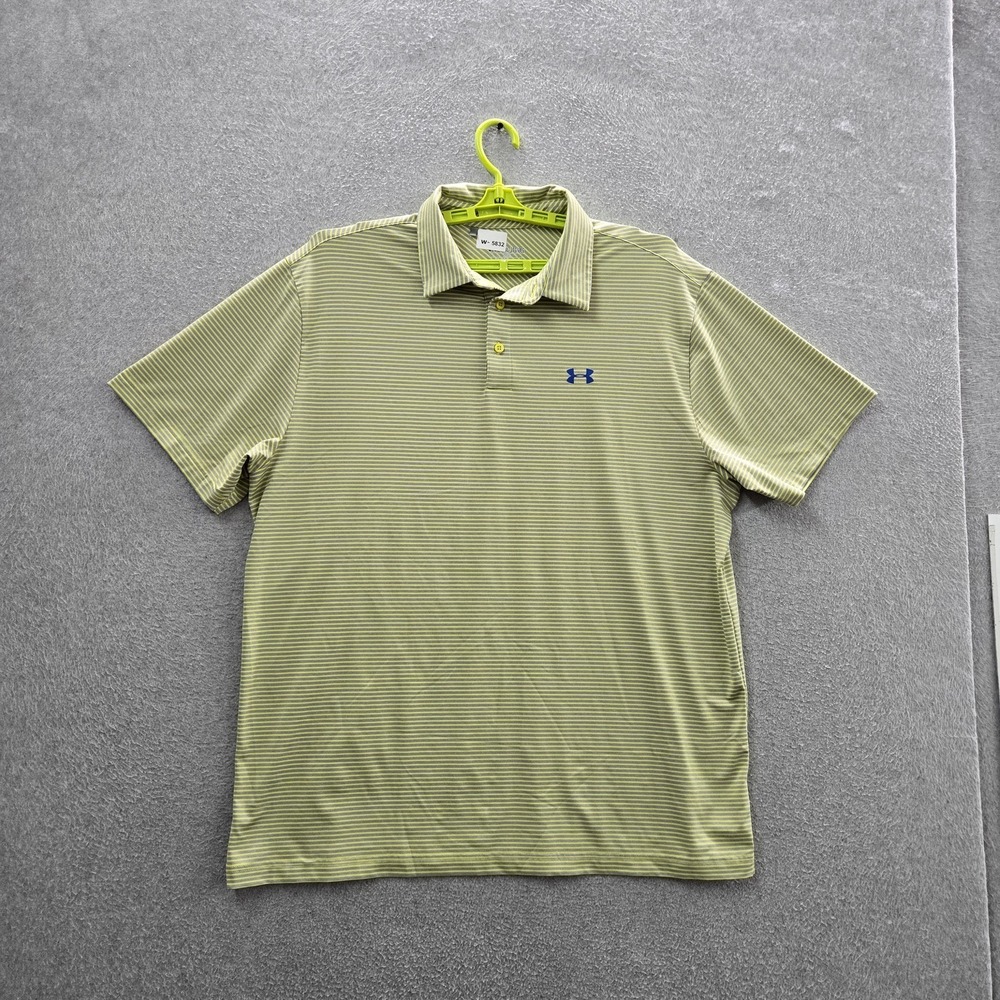 Under Armour Men Polo 2XL Green Striped Heatgear Activewear Logo Button Loose